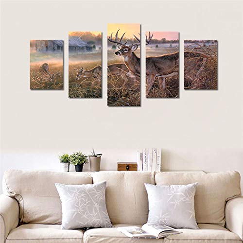 Arthome520 Yellow Animal Deer Wildlife Canvas Print Painting Wall Art Home Decor Golden Landscape Picture Living Room Decorations Fashion Framed 5 Panel (12''X18''X2+12''X24''X2+12''X30''X1) #TOP2