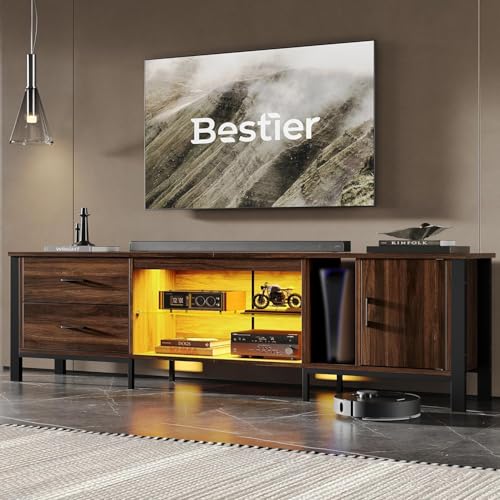 Image of Bestier TV Stand for 75 /80 /85 inch TV, LED Gaming Entertainment Center, Modern TV Cabinet with Glass Shelves for Living Room, Media Console with 2 Storage Drawers & Cabinets for Bedroom, Walnut