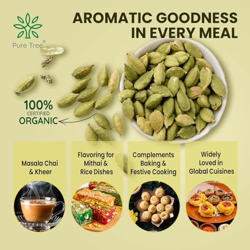 Image of Pure Tree Certified Organic Elaichi | 40 g | Glass Jar | Organic Green Cardamom Whole Spices Hari Chhoti Elaichi Seeds Unique Aroma & Pleasant Flavour