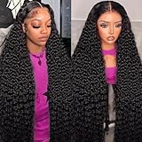 Shesbeauty 26 Inch Deep Wave Lace Front Wigs Human Hair 210% Density 13X6 Lace Front Wigs Human Hair Pre Plucked HD Lace Front Wigs Natural Black Deep Curly Lace Frontal Wig for Women