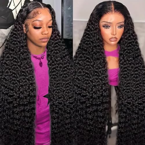 Shesbeauty 26 Inch Deep Wave Lace Front Wigs Human Hair 210% Density 13X6 Lace Front Wigs Human Hair Pre Plucked HD Lace Front Wigs Natural Black Deep Curly Lace Frontal Wig for Women