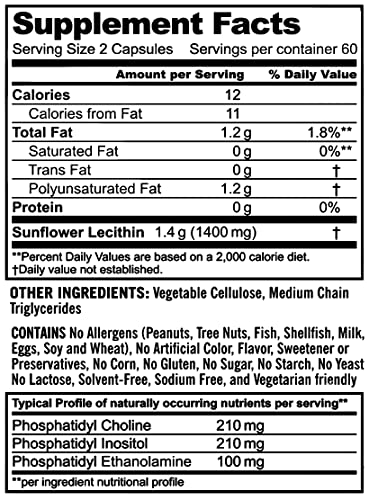 Lekithos® 100% All-Natural Sunflower Lecithin Capsules - 120 Count - Cold Pressed (Solvent Free) - Non-Gmo Project Verified - Certified Vegan - Rich In Phosphatidyl Choline #TOP1