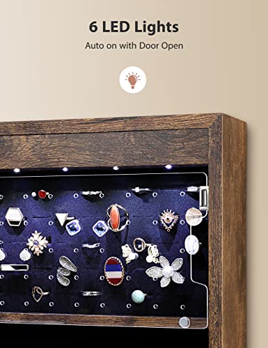 Nicetree 6 Leds Mirror Jewelry Cabinet With 3 Improvements, 4.2" D Door/Wall Mounted Jewelry Armoire With Full Length Mirror, Larger Capacity, Rustic Brown #TOP3