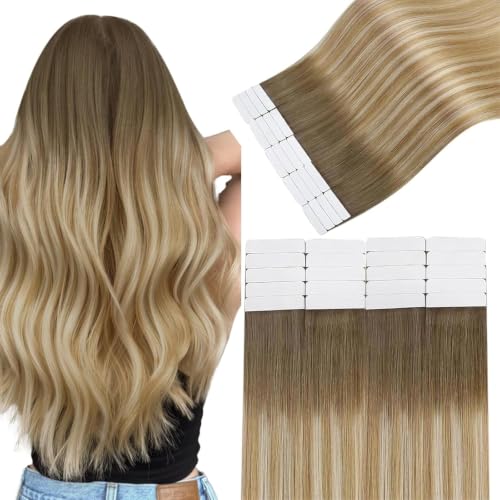Image of Easyouth Tape in Hair Extensions Human Hair Balayage, Hair Extensions Tape ins Ombre, Medium Brown to Blonde Mixed Platinum Blonde, Seamless Tapes in Real Hair Extension, 18 Inch 20pcs 40g