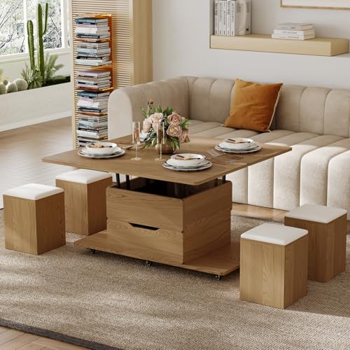 homary Natural Lift Top Coffee Table with Hidden Storage, 3 in 1 Multi-Function Modern Folding Center Table with 4 Stools and Casters