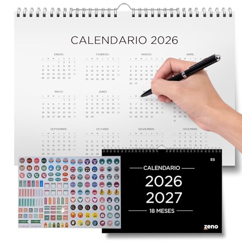 ZENO Calendario 2026 Pared - De Enero 26 al Junio 27 (18 meses) - Planificador mensual y organizador familiar 2026-2027 - Ideal para familias - Fácil de leer - Fijación incluida