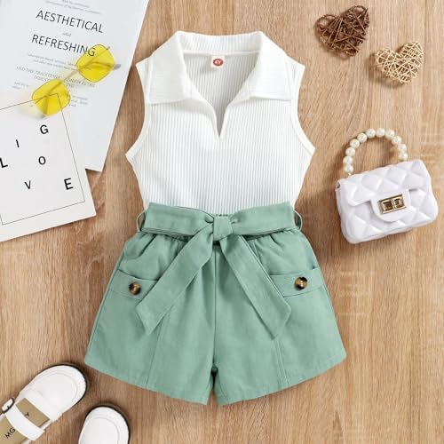 Children Clothing Turndown Collar Ribbed Vest Tops Shorts,2