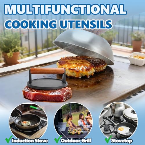 Image of SafBbcue Round Cast Iron Smash Burger Grill Weight Press Tool & Griddle Steamer Melting Dome 12 inch Round Stainless Steel Basting Cover for Blackstone Griddle, Griddle Food Cover Dome for Flat Top Grills
