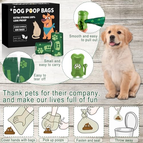 BGIUSQF 600 Pcs Hundekotbeutel (24 Rollen), Kotbeutel für Hunde + Hundekotbeutelspender, Tragbar Dog Poop Bags, Leicht zu Zerreißen, Auslaufsicher und Wasserdicht, Hundebeutel Kot, Grün