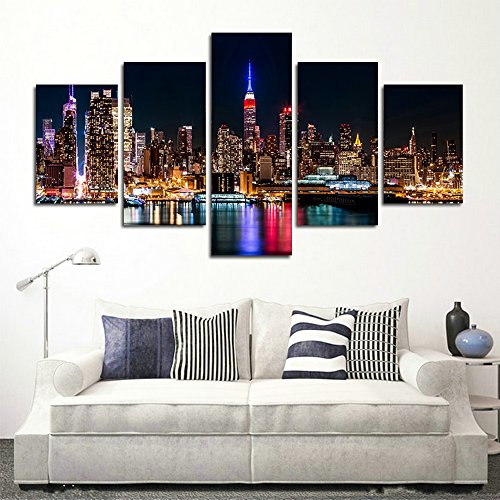 Crmart 5 Panel Large Canvas Print Wall Art – Manhattan Night Lights New York City Cityscape Giclee Canvas Printing(60" W X 32" H, Framed) #TOP5
