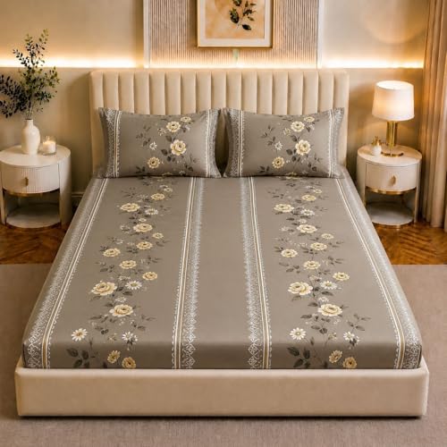 Image of Castiqa 400 TC Cotton Feels All Over Elastic Fitted Bedsheet Set Perfect Upto 10inch Mattress with 2 Matching Pillow Covers Size-18x28inch (Queen Size 60x78, Black Stripes)