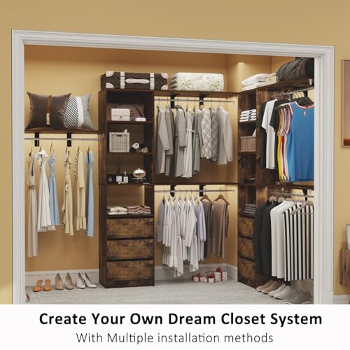 Closet-System-with-Drawers-8FT-Custom-Closet-Organizer-Systems-with-3-Shelving-Towers-Expandable-Hanging-Rods-Adjustable-Shelves-96-Walk-in-Closet-Kit-Corner-Closet-Wall-MountWalnut Closet System with Drawers 8FT Custom Closet Organizer Systems with 3 Shelving Towers Expandable Hanging Rods Adjustable Shelves 96 Walk in Closet Kit Corner Closet Wall MountWalnut