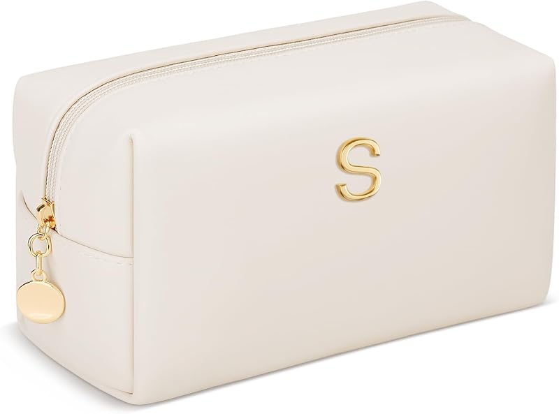 Necessaire de maquiagem KKXIU com inicial metálica, bege, 20,32 x 7,62 x 12,7 cm