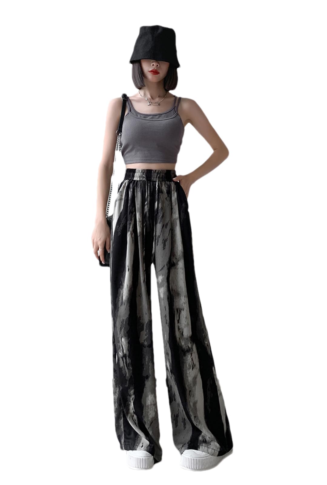 Women Elastic High Waist Ink Painting Loose Casual Pants Thin Straight Leg Wide Leg Pants