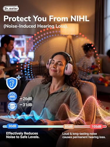 Image of Dr.meter Noise Reduction Ear Muffs, Ear Protection Noise Cancelling Headphones for Adults, Kids Autism Sensory, 31dB Hearing Protection Earmuffs for Shooting Gun Range, Mowing, Fireworks, Pink
