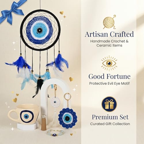 Image of THE URBAN ARTISTIC Evil Eye Gift Hamper Rakhi Return Gift for Sister - Dream Catcher, Ceramic Mug, Keychain, Bracelet, Hanging Bell, 7-Piece Set for Home Decor, Anniversary, Birthday, Housewarming