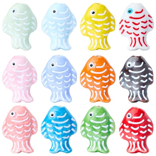 WEWAYSMILE Lot de 12 perles en céramique en forme de poisson pour la fabrication de bijoux - Perles en porcelaine avec rayures - Pour fabrication de...