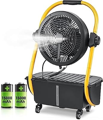 Geek Aire Battery Operated Misting Fan, 30000mAh Detachable Rechargeable Outdoor Floor Fan with 2.9 Gal Water Tank, Waterproof Battery Powered Camping Fan for Patio Travel, Camping Gear Accessories