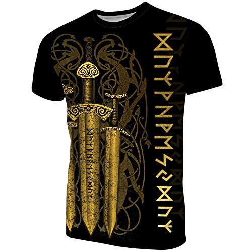 WDBAYXH Hommes T-Shirts à Manches Courtes Viking Impression 3D T-Shirt Réaliste Runes Tatouage, T-Shirt à Col Rond Punk Vintage Mode, Chemisier Décontracté Printemps Été Celtique Païen,d'or,5XL Cover