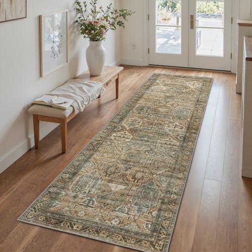 GENIMO 2x6 Runner Rugs for Hallway, Machine Washable Non Slip Vintage Rugs, Low Pile Lightweight Soft Print Rug for enrtyway, Corridor, Home Office, Kitchen, Warm Taupe