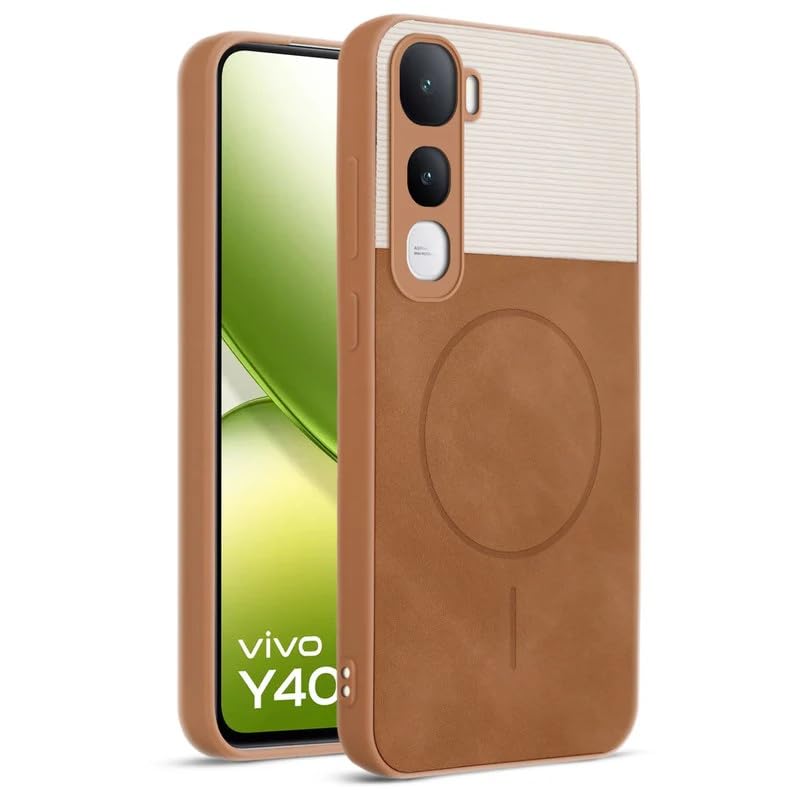 Image of Bintage case Dual-Leather Macc-Safe Design Phone Case| Soft Touch Finish | Full Camera Protectection Back Cover Compatible for Vivo V2506 / Vivo Y400 5G - White & Nut Brown