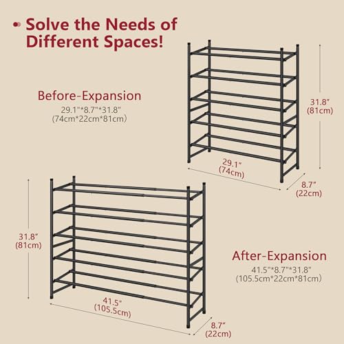 Image of Tajsoon Expandable Shoe Rack for Closet 5 Tier, 29 inch-41 inchAdjustable & Stackable Shoe Shelf Storage, Metal Shoe Rack Organizer for Front Door Entrance, Closet, Garage, Entryway, Black