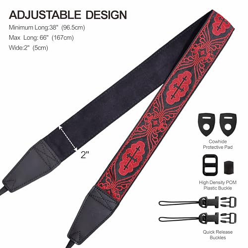 Image of Padwa Lifestyle Camera Strap - 2 inch Full Grain Leather Ends Camera Straps for Photographers, Vintage Red Embroidered Cotton Weave Soft Suede Fabric Padded Strap Quick Release fits All Cameras