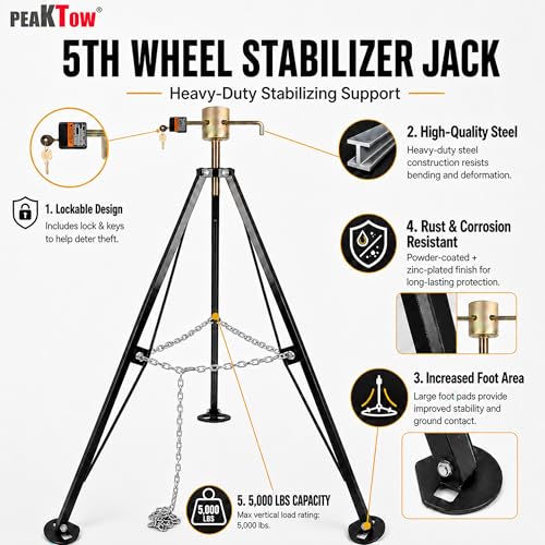 PEAKTOW Adjustable King Pin Tripod 5th Wheel Stabilizer Jack with Lock & Keys, 5,000 lbs. Capacity Stabilizing Support for 5th Wheel Trailers, RVs and Campers by PEAKTOW - Image 2