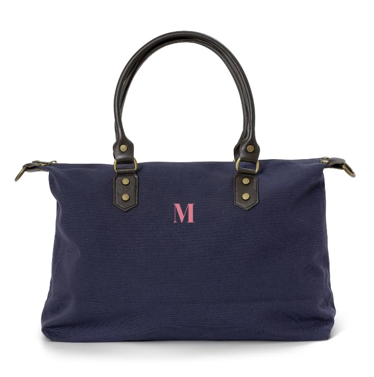 Bolso Leonardo Belorias Azul Marino Personalizable con Iniciales Bordadas, con Asas de Piel Marrón, 47x32 cm, Incluye Correa Marrón