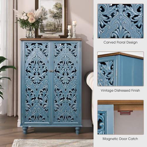 Image of JOINICE 47 inch Tall Accent Cabinet with Carved Doors & Storage for Living Room | Vertical Storage for Dining Room,Bedroom, Carved Floral Design, Walnut Finish Top, Farmhouse /Rustic Style, Adjustable Shelves