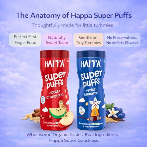 Image of Happa Organic Baby Puffs | Vanilla Blueberry and Apple Cinnamom Flavour | Made with Organic Ingredients | Melt-in-the-Mouth, Supports Self-Feeding & Baby-Led Weaning | No Artificial Flavours or Colours | Stage 2 (8 Months+) | Pack of 2 (40g Each)