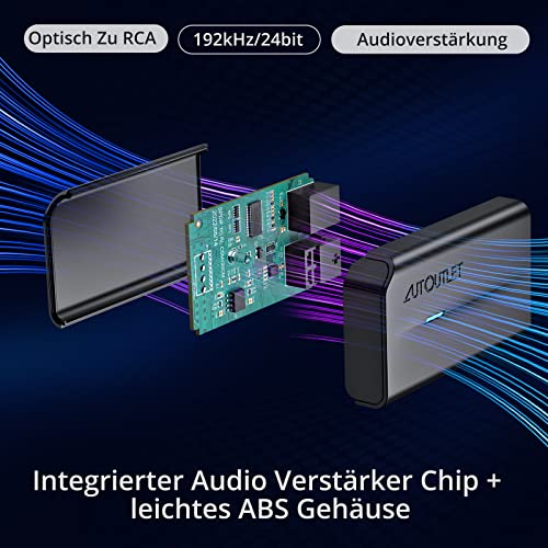 AUTOUTLET DA Wandler, 192kHz DAC Digital zu Analog Audio Konverter SPDIF Toslink zu RCA Audio mit Audio-Verstärker-Chip, 1,1M Männlich-RCA & 1M Optischem Kabel für HDTV DVD Blu-ray Sky Spielekonsole