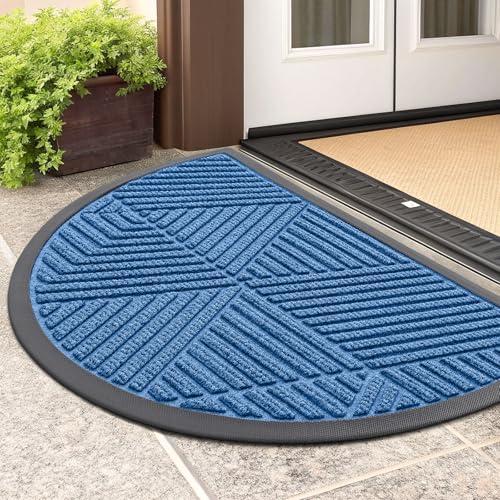 Image of Smiry Half Circle Front Door Mat Outside Entrance, Heavy Duty Sturdy Natural Rubber Doormat, Trap Dirt and Moisture, Low Profile Mats for Indoor Outdoor Entry, Irregular Triangle (29.5x17, Blue)