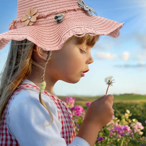 Strohhut Und Kleine Tasche Set,Mädchen Kinder Sommer Sonnenhut,Sonnenhüte mit Blumendekoration,Strandhut Outdoor Aktivitäten Für Den Tourismus Urlaub Reise Strand Outdoor Aktivitäten
