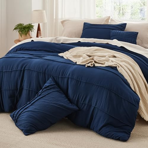 Image of Bedsure Navy Blue Oversized King Size Comforter Set - 4 Pieces Pinch Pleat Bed Set, Down Alternative Bedding Sets for All Season, 1 Comforter, 2 Pillowcases, 1 Decorative Pillow