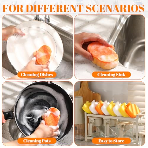 Image of Tioncy 12 Pack Kitchen Sponges Bulk Dual Sided Scrubber Sponges Dishwashing Kitchen Cleaning Accessories for Household Supplies(Pumpkin,Orange, Yellow, Beige)