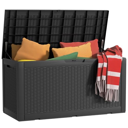 EasyUp 120 Gallon Outdoor Storage Box Waterproof, UV Resistant Resin Deck Box with Hydraulic Rod, Reinforced Stability for Patio, Garden, Rattan Black