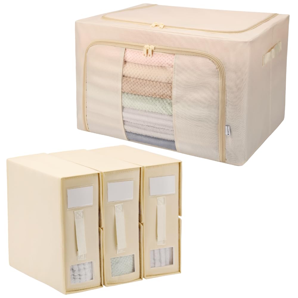 Rangement Parure de Lit, 3 Boites Draps + Sac Rangement à Cadre Métallique