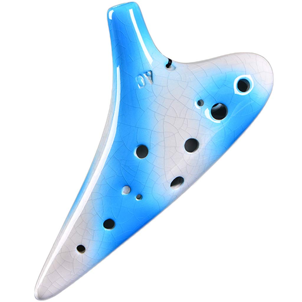 ocarina, Ocarina in argilla contralto Do a 12 fori, sfumata blu e bianca, incrinata