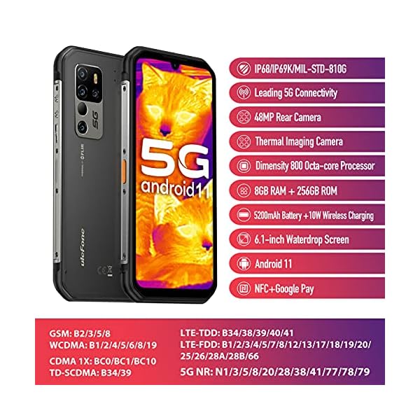Ulefone Armor 11T 5G Rugged Smartphones Unlocked, Thermal Imaging Camera, Android 11, 8GB + 256GB Waterproof Phone, 48MP Triple Camera, 6.1 inch FHD, NFC, 5200mAh QI 10W Wireless Charging, T-Mobile