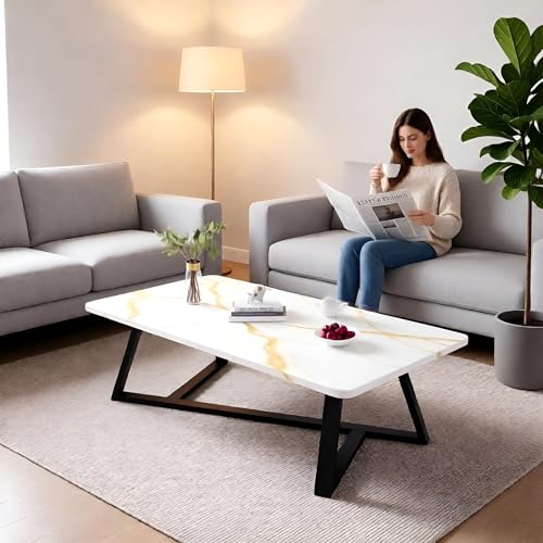 Image of Modern Engineered Wood Center Table for Living Room | Marble Pattern Coffee & Tea Table for Home, Office & Reception (White Black)