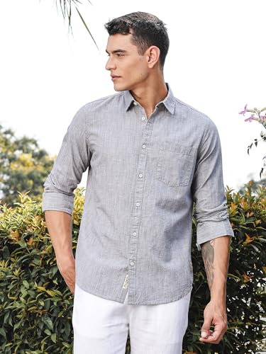 Image of Thomas Scott Men's | Solid | Premium Linen Blend | Spread Collar | Summer Wear | Long Sleeve | Shirts for Men