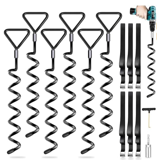 Heavy Duty Ground Anchor Pack of 6, Screws in for Trampolines & High Wind with Straps