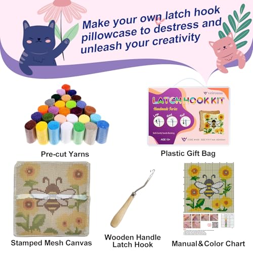 Image of veirousa Bee Sunflower Latch Hook Kits for Adults Beginners, Pre-Printed Animal Latch Hook Pillow Kit, Craft Rug Making Kits, DIY Embroidery Cushion for Home Sofa Decor & Gift Idea 17x17 in.
