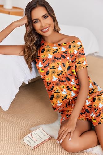 Image of Ekouaer Womens Pajama Sets 2 Piece Soft Short Sleeve Top and Shorts Sleepwear Round Neck Pjs Lounge Set with Pockets Halloween Print Medium