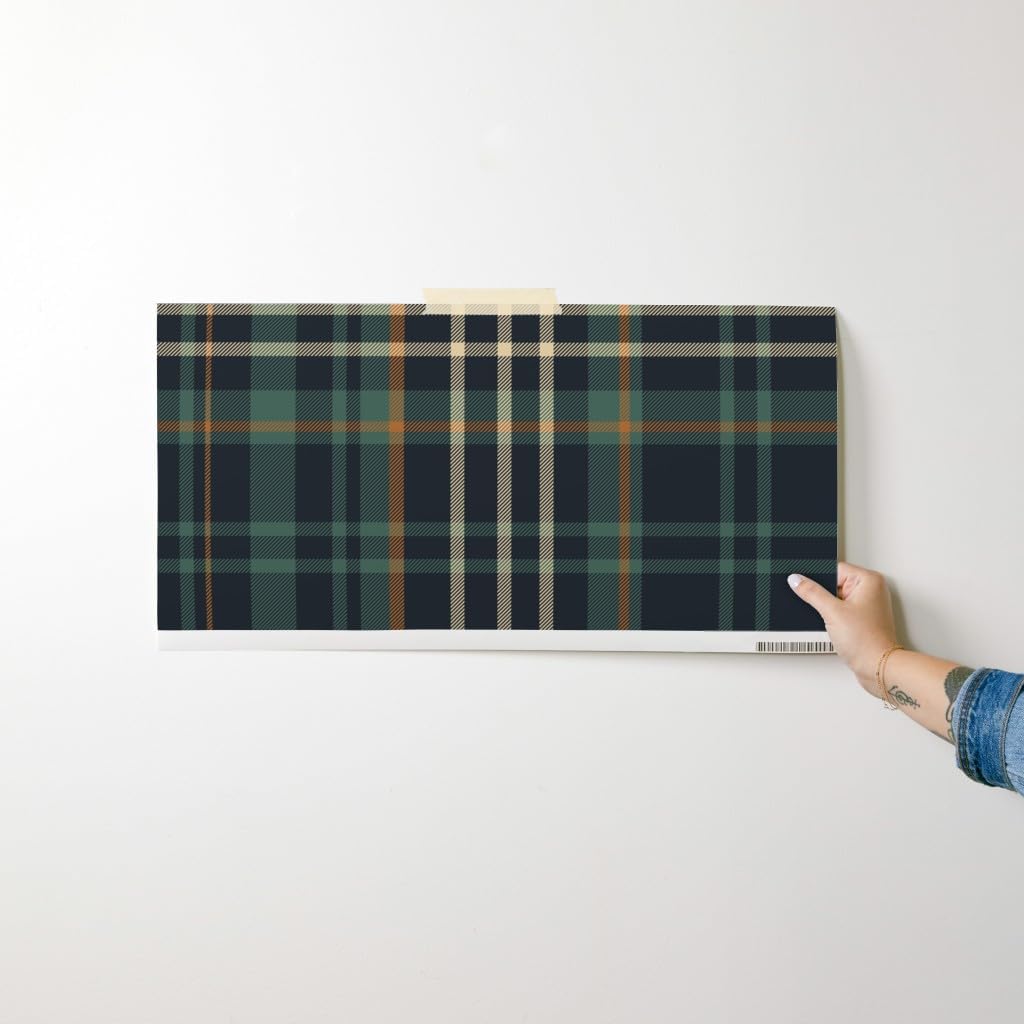 Peel & Stick Wallpaper Swatch - Dark Green Check Rustic Cabin Autumn Plaid Cozy Fall Forest Teal Blue Custom Removable Wallpaper by Spoonflower