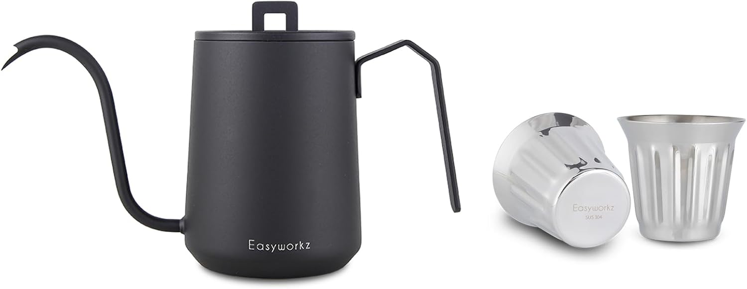 Easyworkz Gooseneck Pour Over Coffee Kettle 20 oz Stainless Steel Hand Drip Coffee Pot, Matte Black, Bundled with Stainless Steel Double-Wall Espresso Cups 5oz Set of 2, Vertical Stripe Design,Chrome