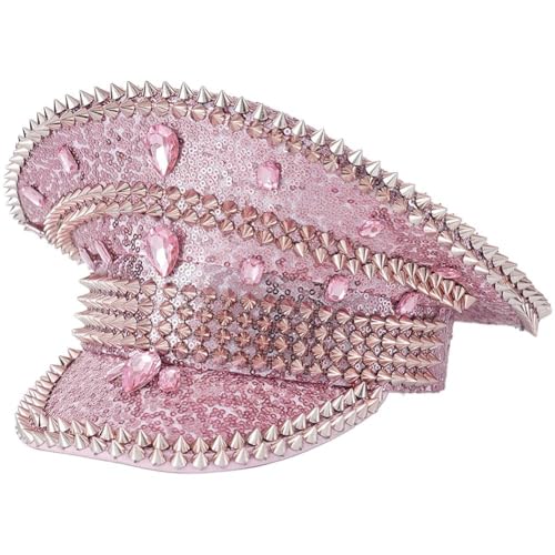 Wiywef Women Shiny Rhinestones Hat Studded Rivet Party Ball Hat Punk Style Hat Fashionable Steampunk Caps for Cosplay Party
