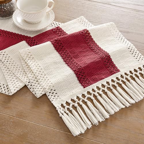Image of ZeeMart Macrame Style Bicolor Stitching Table Runner, 14 x 36 Inch Red /Ivory, Boho Table Runners 36 Inches Long, Farmhouse Woven Home Decor