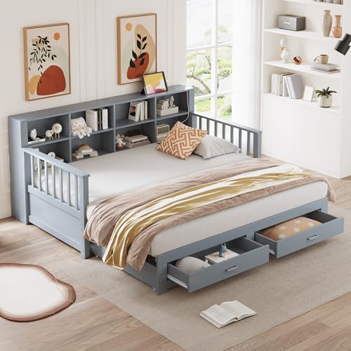 SUKY Sofá cama extensible de madera maciza 90/180 x 190 cm, armario de almacenamiento con enchufe de carga en el respaldo lateral, cama de pino multifuncional, con 2 cajones y somier de láminas (gris)